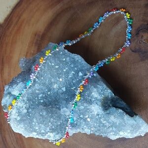 Handcrafted Crochet Necklace, Rainbow Beads, Handmade by Rust Belt Raised